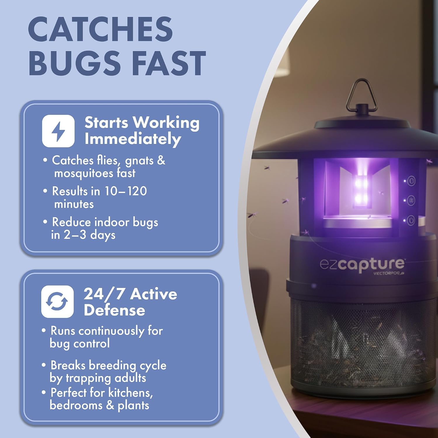 EZCapture T10 Piège à insectes d'intérieur avec ventilateur d'aspiration – Piège à insectes volants à LED polyvalent pour une utilisation en intérieur et en extérieur – Pas de bruit de