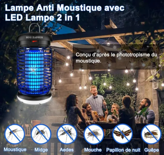 Lampe Anti Moustique avec LED, Lampe Anti Mouche 4200V 15W UV Tueur d'Insectes Électrique Anti Insectes Répulsif Efficace Portée 80-140m², Norme IPX4‌ pour Intérieur et Extérieur