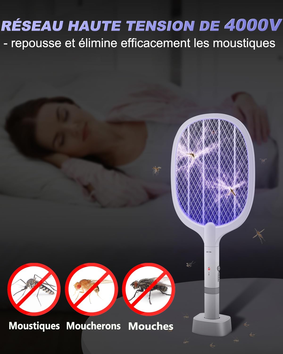 Raquette Électrique Insectes, Raquette Anti-Moustiques à Lumière UV 4000V 2 en 1, 1800mAh USB Rechargeable Tapette à Mouches Électrique avec Base de Recharge, Efficace pour Intérieur Extérieur