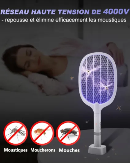 Raquette Électrique Insectes, Raquette Anti-Moustiques à Lumière UV 4000V 2 en 1, 1800mAh USB Rechargeable Tapette à Mouches Électrique avec Base de Recharge, Efficace pour Intérieur Extérieur