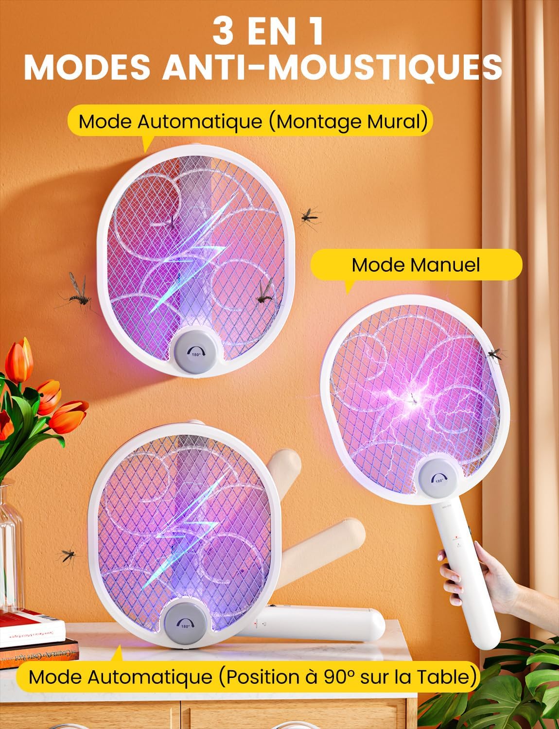 WOCVRYY Raquette Electrique Insectes 4000V Raquette Moustique Electrique 1800mAh Piable Tapetteà Mouche Electrique USB Rechargeable avec 3 Couches Protection en Maille Support Mural blanc pâle