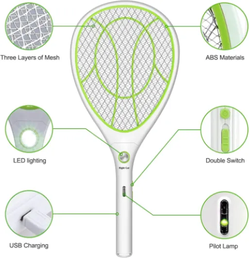 Raquette Anti Moustique Electrique Insectes - 3000V Piege a Guepes Tue Tapetteà Mouche électrique Repulsif Moustiques Guepe Mouches Fly Killer Interieur et Exterieur USB Rechargeable L Vert