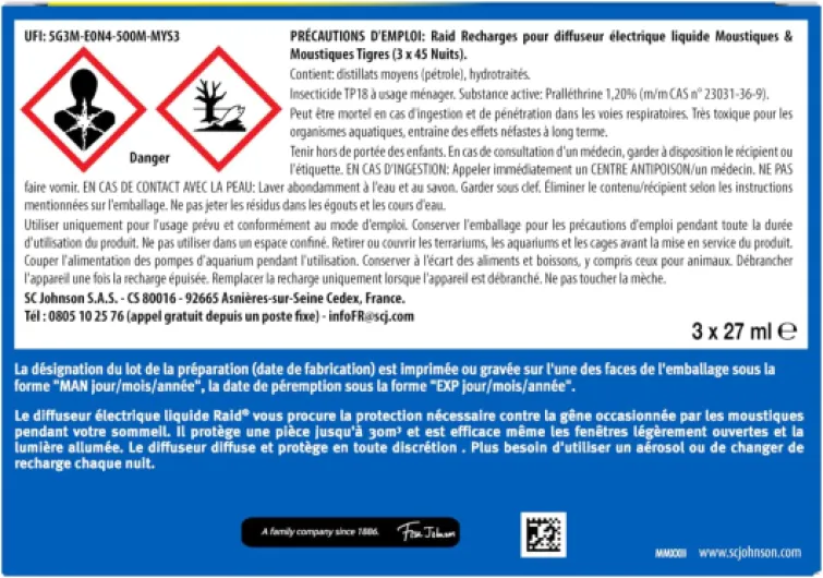 Recharge 3en1 Electrique Liquide Moustiques & Moustiques Tigres - 3 Recharges 45 Nuits Raid 3 Recharges