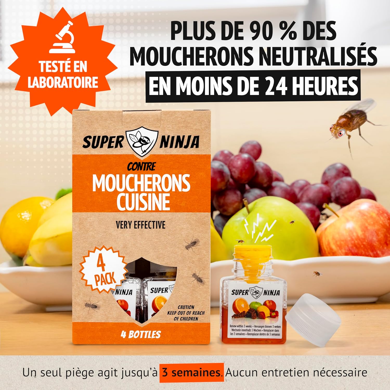Pièges Anti Moucherons d'Intérieur Cuisine – Lot de 4 Attrape Moucheron Intérieur pour Maison, 3 Semaines d’Action, Sûr pour Enfants et Animaux, Non Adapté aux Moucherons de Terreau 4 Pièges