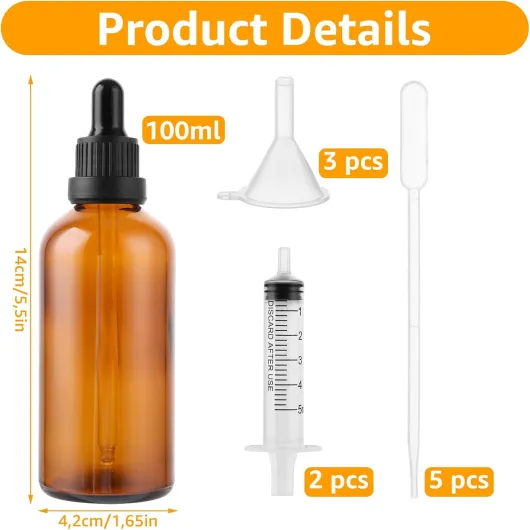 MIVIDE Lot de 15 Flacon Compte Gouttes 100 ml, Flacons Compte-gouttes en Verre Ambré avec Pipettes et Accessoires Auxiliaires Bouteilles Compte-gouttes pour Huiles Essentielles, Laboratoire, Parfums