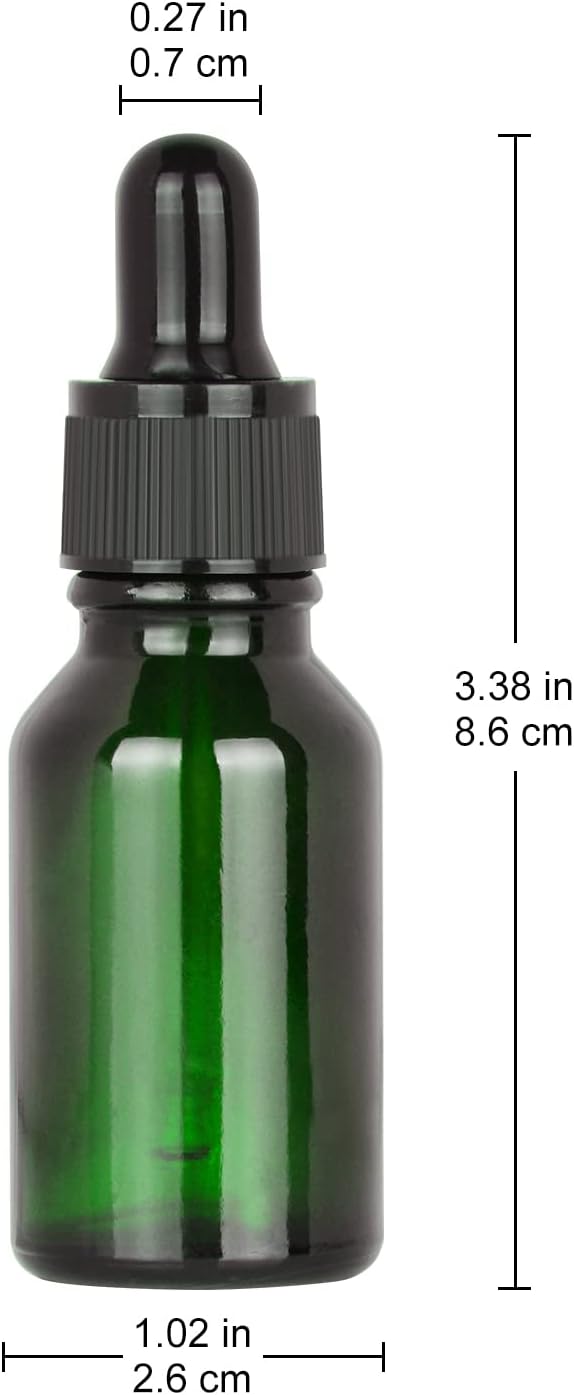 15 ml (0.5 oz) 6-Pack Flacon Compte-gouttes en Verre, Vert Flacon en Verre Vide avec Compte-gouttes en Verre Conique, Bouchon Interne et Étiquette pour Huiles Essentielles Fragrances 15 ml Vert