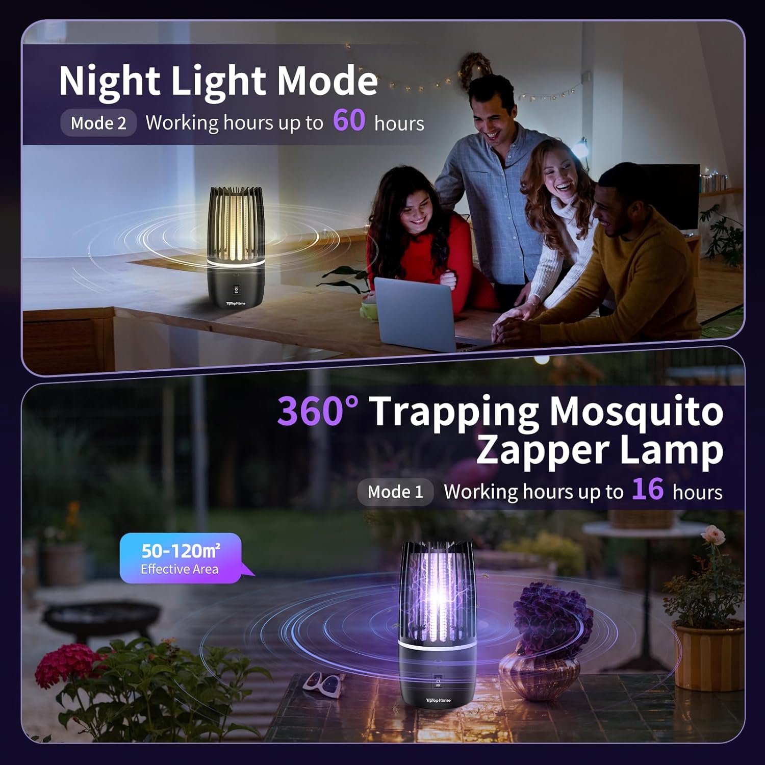 Lampe Anti Moustique, Lampe électrique Anti Insectes 4000mAh Rechargeable USB Piège à Mouche Insectes 360 ° UV Électrique Anti Moustique Veilleuse Intérieur Extérieur Veilleuse Puissant Attrayant Noir