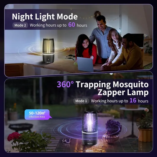 Lampe Anti Moustique, Lampe électrique Anti Insectes 4000mAh Rechargeable USB Piège à Mouche Insectes 360 ° UV Électrique Anti Moustique Veilleuse Intérieur Extérieur Veilleuse Puissant Attrayant Noir