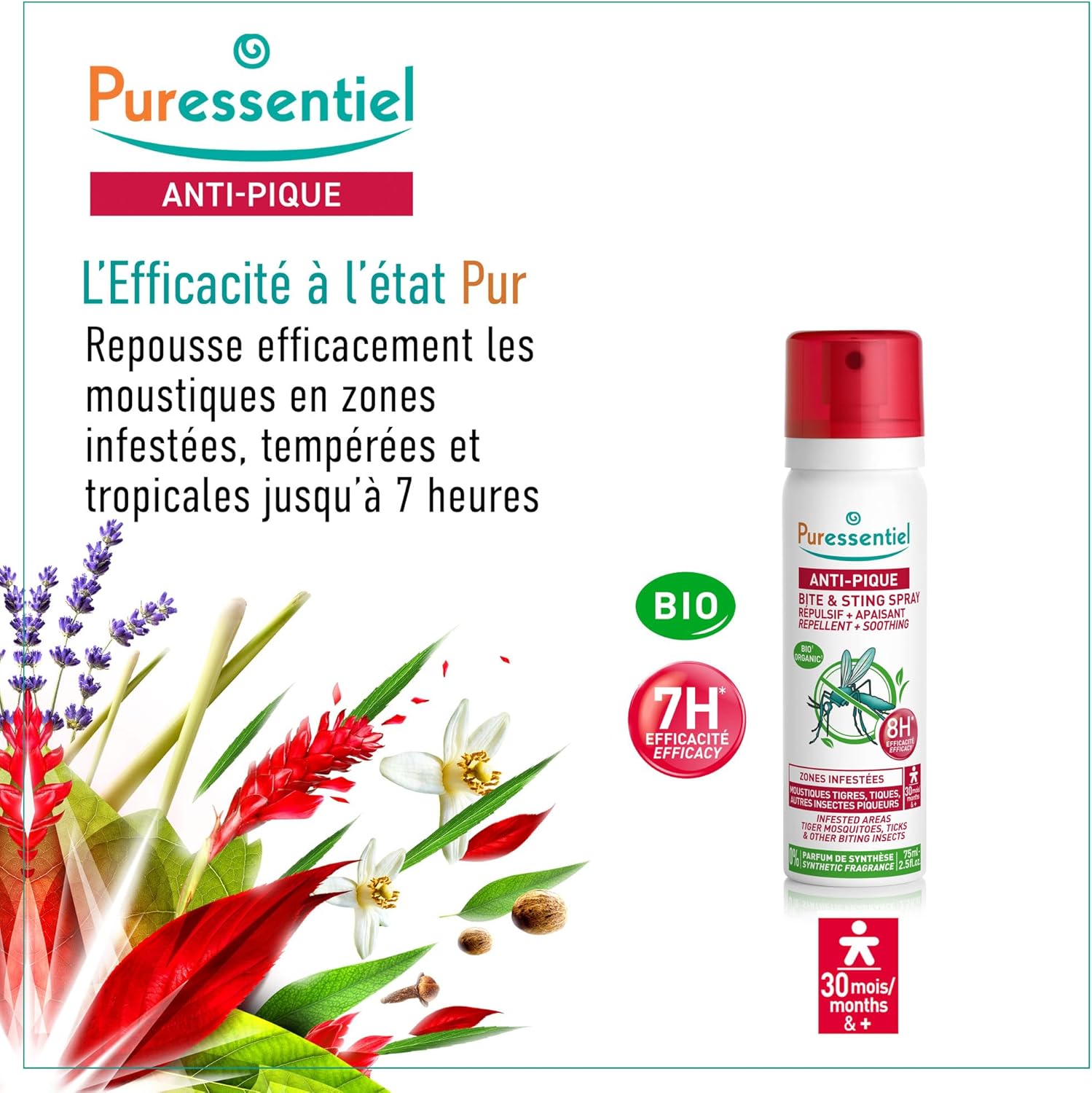 Anti-pique - Spray Répulsif Apaisant anti-moustiques et tiques - Corps et visage - Zone infestée tempérée et tropicale - Formule naturelle - Efficacité 7H - 75 ml