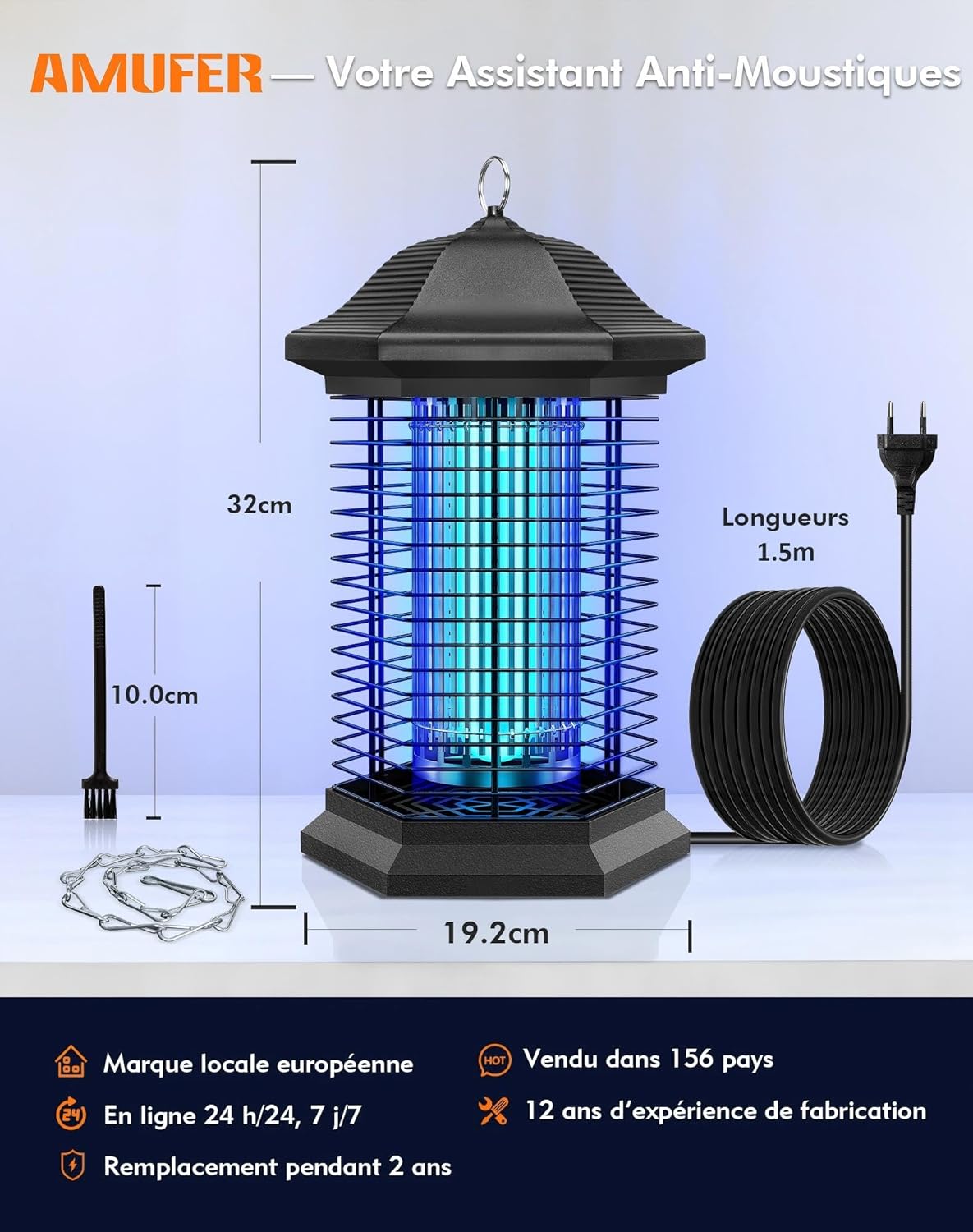 AMUFER Lampe Anti Moustique Intérieur Extérieur, 18W 4400V Tue‑Mouche Électrique, IPX4 Étanche Appareil Piege à Moustique, 100% Amélioration Tueur d'Insectes pour Chambre, Maison, Jardin, Terrasse 1,5 m Câble