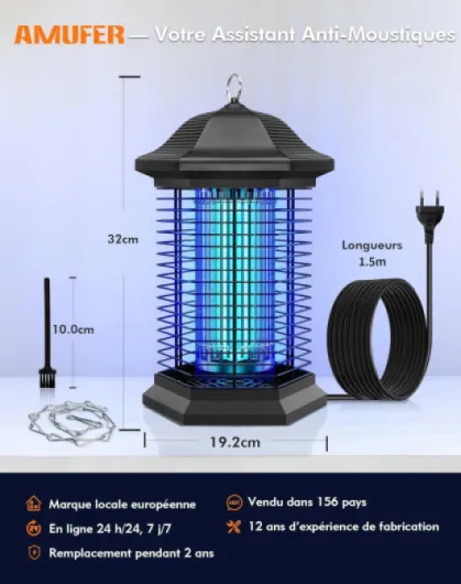 AMUFER Lampe Anti Moustique Intérieur Extérieur, 18W 4400V Tue‑Mouche Électrique, IPX4 Étanche Appareil Piege à Moustique, 100% Amélioration Tueur d'Insectes pour Chambre, Maison, Jardin, Terrasse 1,5 m Câble