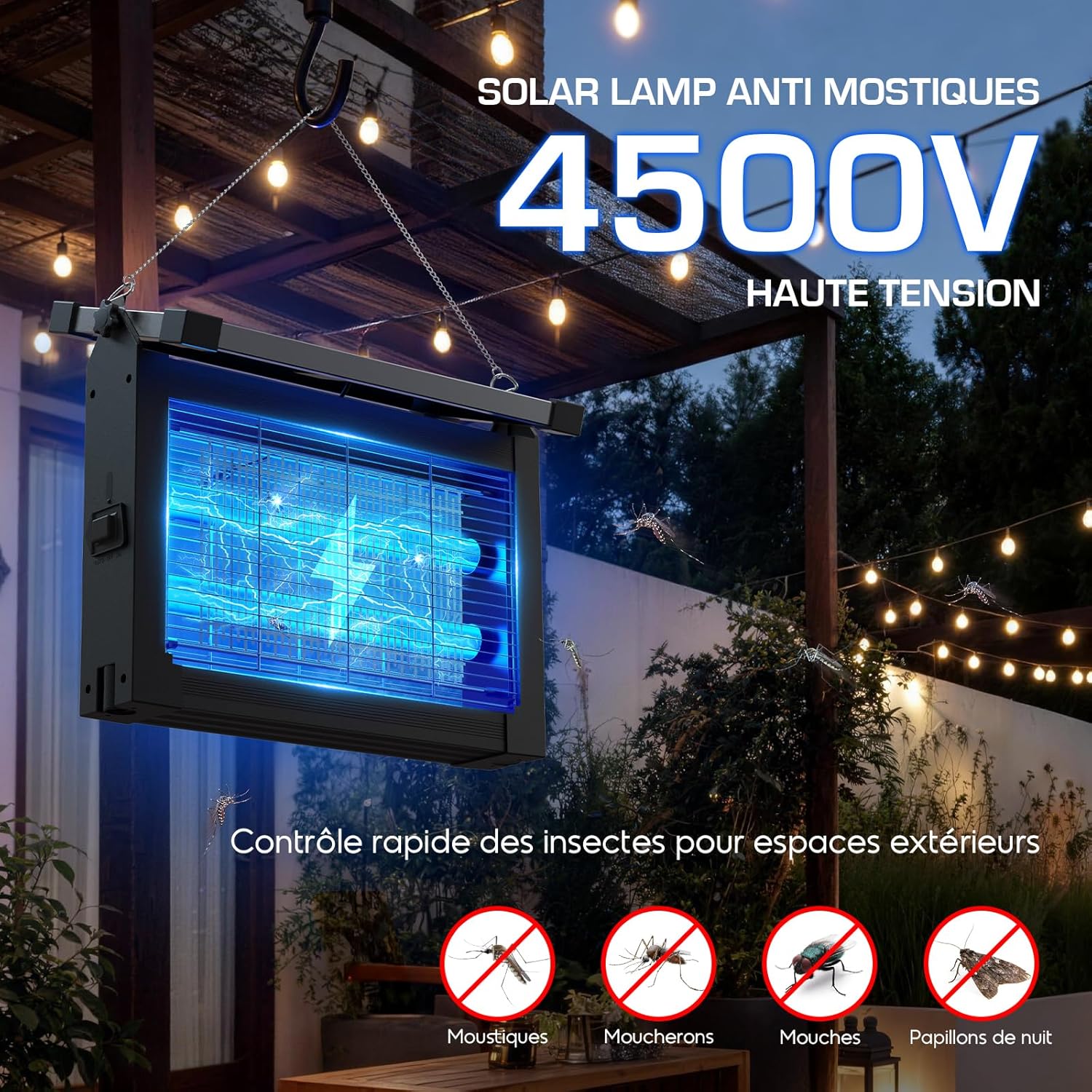 Lampe Anti Moustique, Anti Mouche Électrique Extérieur Solaire 4500V avec Capteur de Luminosité, Lampe Moustique Étanche avec Câble d’Extension 3M, Idéal pour Terrasse, Jardin (Noir)