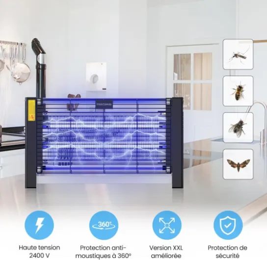Tue Mouche Electrique Format XXL 2PCS, 2400V Lampe Anti-Moustique, Interieur 20W 2 lumière UV, Pièges à Mouche Tueur Lampe, Destructeur d' Insectes, Maison, Cuisine, Bureau, 4 Ampoules de Rechange Noir 2 pces