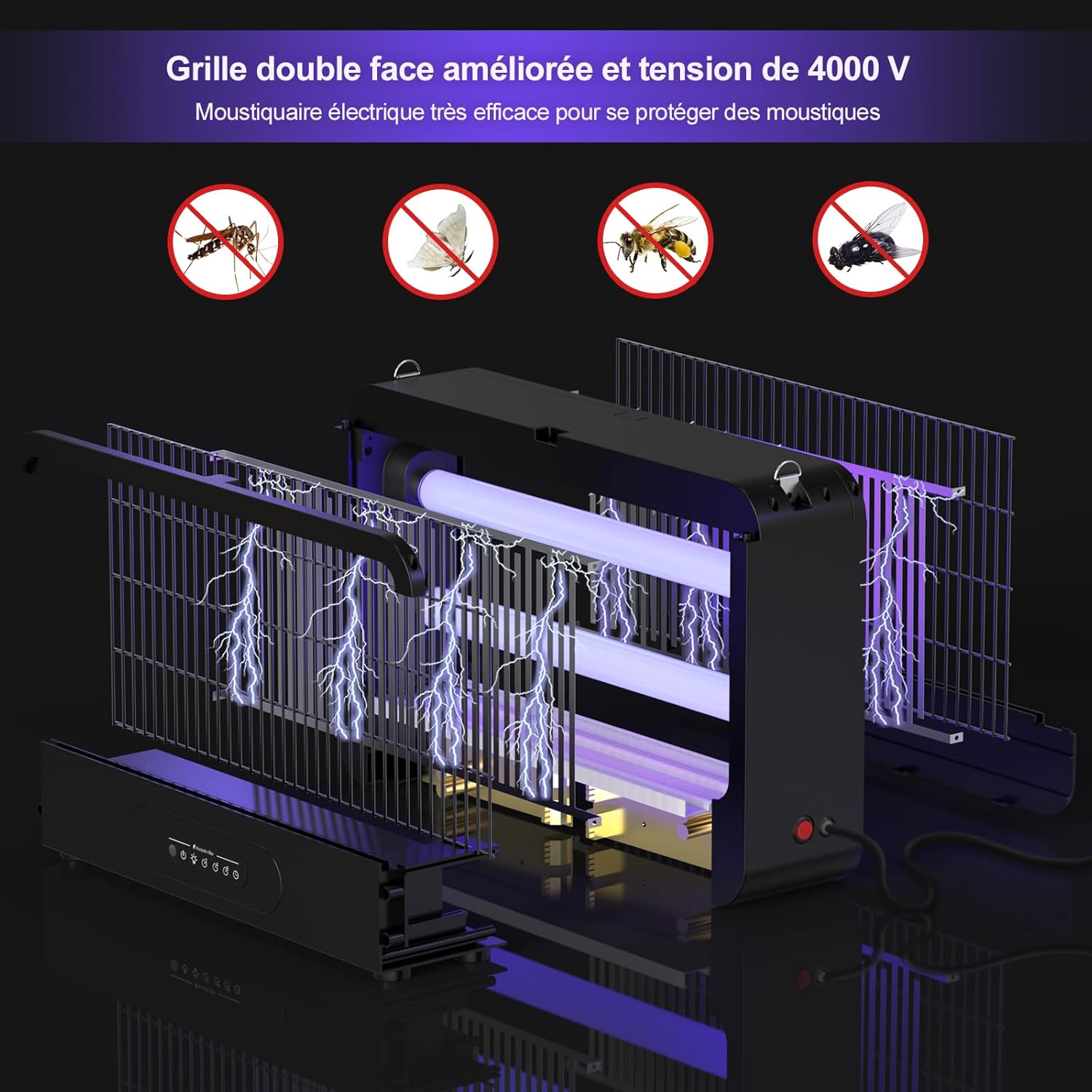 FethFire Lampe Anti Moustique Intérieur et Extérieur, Double Grille 4000V Tue Mouche Electrique avec Télécommande+2 Ampoules Remplaçables, 20W pour Cuisine, Chambre（Noir）