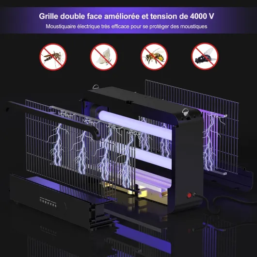 FethFire Lampe Anti Moustique Intérieur et Extérieur, Double Grille 4000V Tue Mouche Electrique avec Télécommande+2 Ampoules Remplaçables, 20W pour Cuisine, Chambre（Noir）