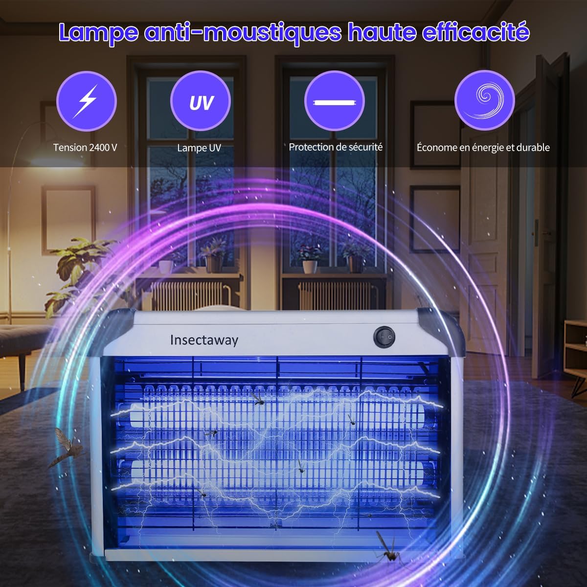Lampe Anti Moustique, 2PCS Tue Anti Mouche Eléctrique 2400V Grille Double Face, Lampe Anti-Moustique Interieur 20W 2 lumière UV, Tueur d'Insectes Electrique, Fourni avec 2 Lampes UV supplémentaires Blanc