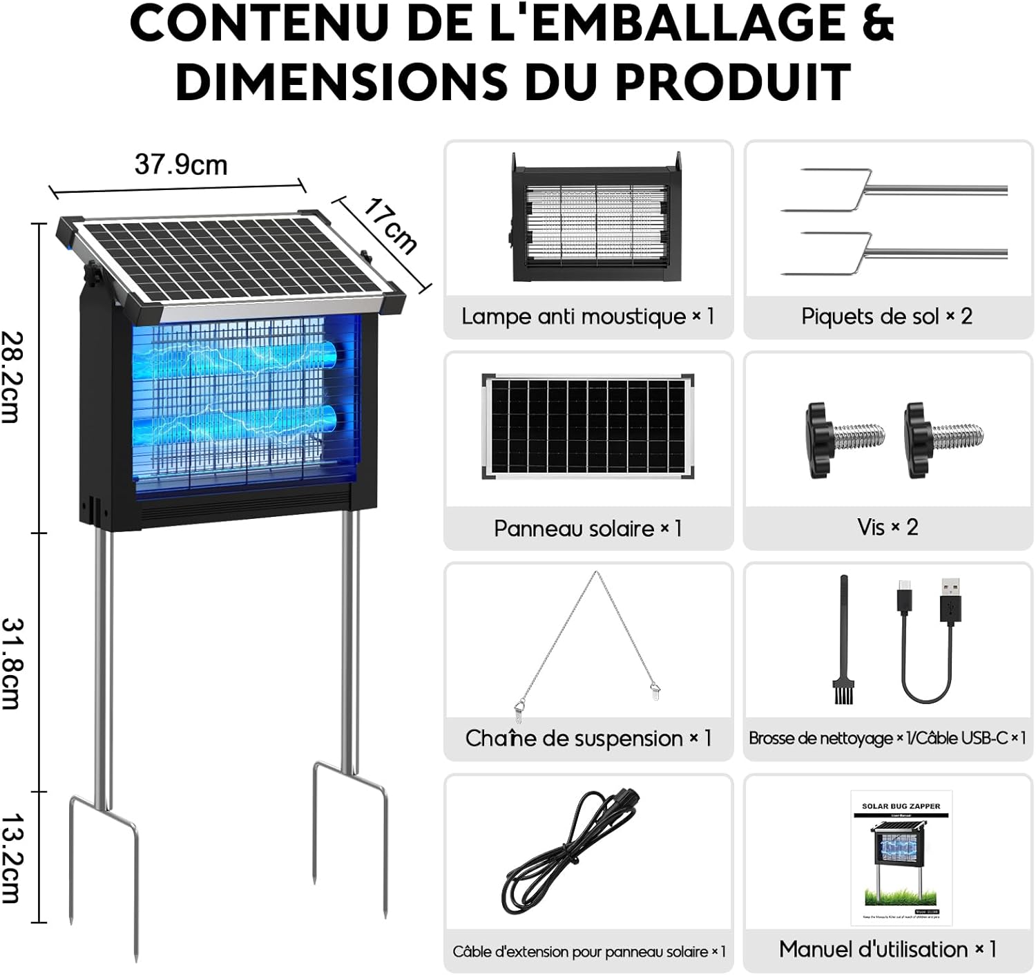 Lampe Anti-Moustique Solaire d’Extérieur, 4500V, IPX5 Étanche, Rechargeable USB-C, Batterie 4000mAh, Tue-Moustique sans Fil avec Piquet pour Jardin, Pelouse, Terrasse, Camping Noir