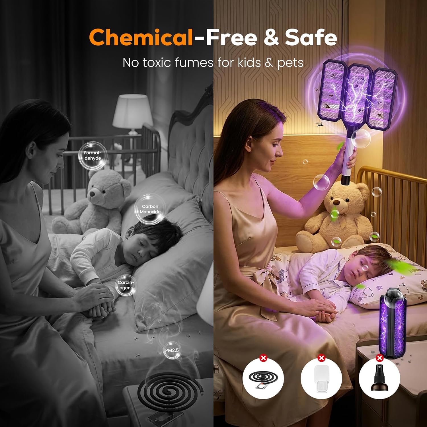 Lampe Anti Moustique, Raquette Anti-Insectes 2 en 1, Tueur D'insectes Portable avec lumière UV, Batterie Rechargeable de 4000 mAh, Électrique Anti Insectes, Design de Voyage Compact Noir