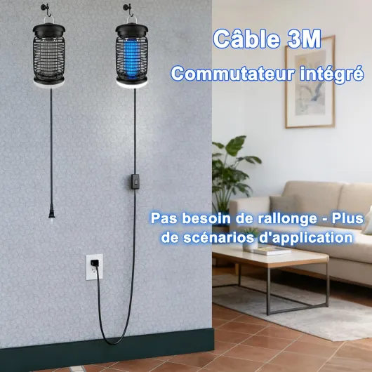 Lampe Anti Moustique avec éclairage LED, Câble de 3m, 4200V 15W UV Tueur d'Insectes Électrique Anti Insectes Répulsif Efficace Portée 80-100m², Étanche IPX4, pour Intérieur et Extérieur Kit câble de 3.0 m