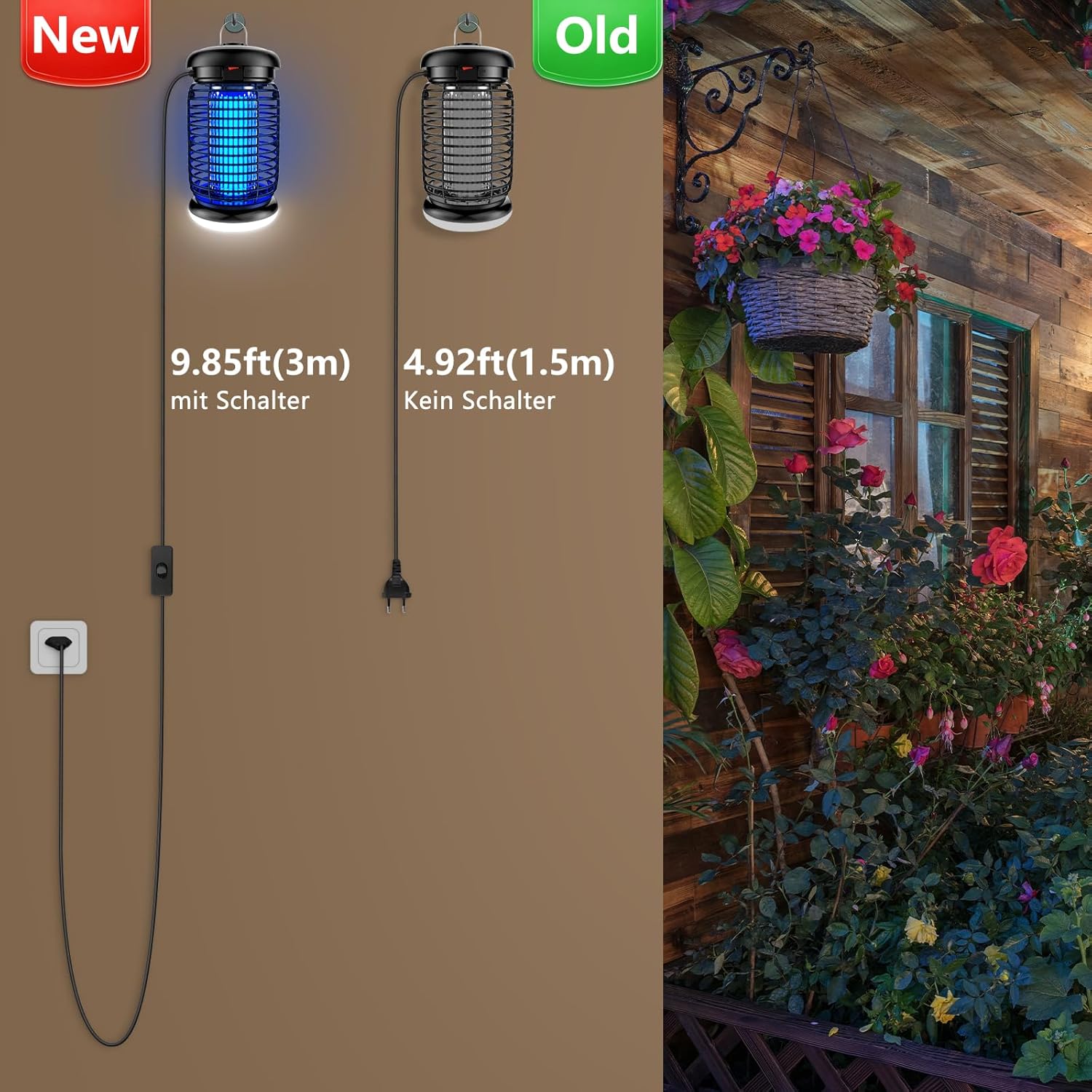 Lampe Anti Moustique, Lampe Anti Mouche 15W 4200V UV Tueur d'Insectes Électrique Étanche Anti Insectes Répulsif Efficace Portée 140m² pour Intérieur et Extérieur (avec éclairage LED) Set Câble de 3M