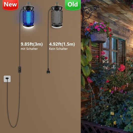 Lampe Anti Moustique, Lampe Anti Mouche 15W 4200V UV Tueur d'Insectes Électrique Étanche Anti Insectes Répulsif Efficace Portée 140m² pour Intérieur et Extérieur (avec éclairage LED) Set Câble de 3M