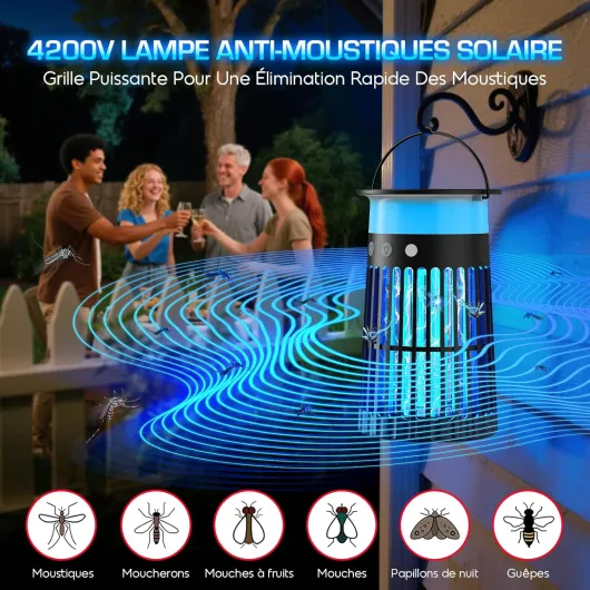 Lampe Anti-Moustiques Solaire d’extérieur, Tue-Moustiques Électrique 4200V, Étanche IPX5, Recharge USB-C et Solaire, Batterie 4000mAh, sans Fil pour Jardin, Terrasse, Balcon et Intérieur Noir