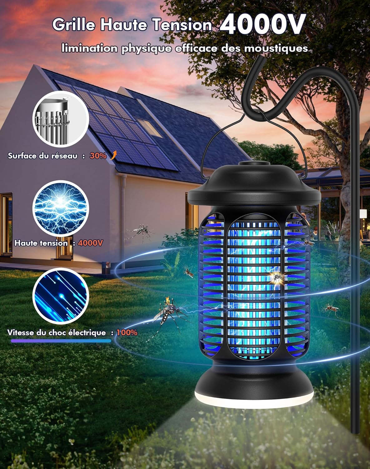 Lampe Anti Moustique, 4000V Tue Mouche Eléctrique avec lumière LED, 20W Appareil Anti Moustique UV, IPX4 étanche, Piège à Moustique Insectes Moucherons pour Extérieur Intérieur Noir