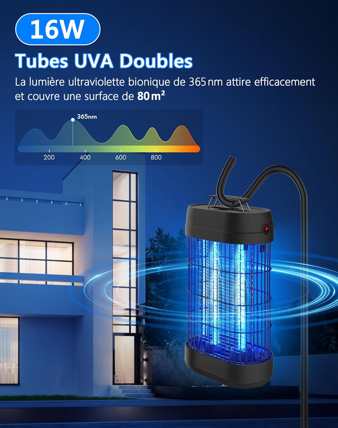 Lampe Anti Moustique, 18W UV Tue Mouche Eléctrique Couvrant 80m², Anti Insectes Moucherons Mites Intérieur Extérieur,Piège à Moustique pour Jardin Terrasse Piscine Chambre Maison Cuisine Noir 36cm