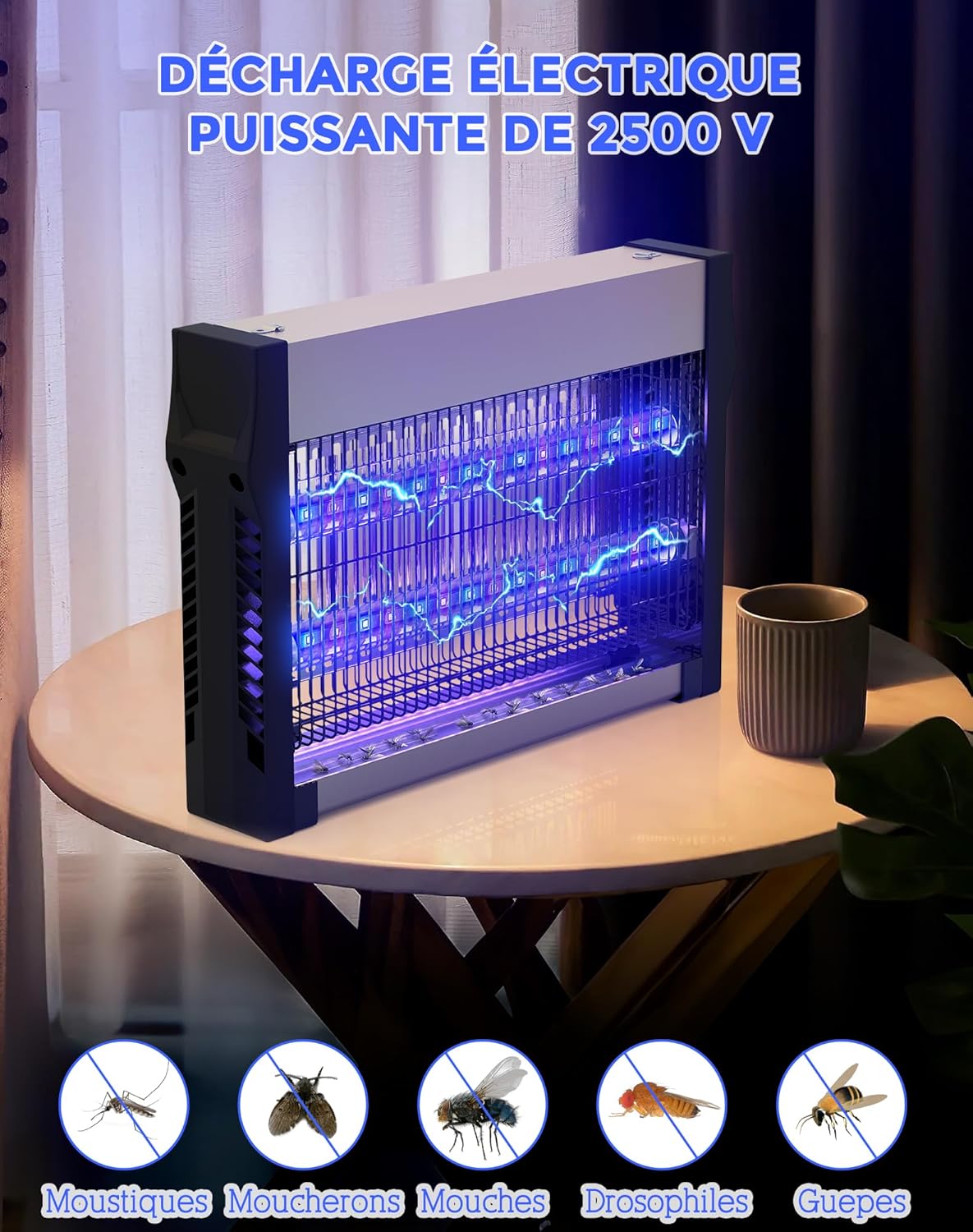 Lampe Anti Moustique 2500 V, Tue Mouche Électrique avec Tubes LED, Double Attraction UV, Surface Couverte 80 m², Piège à Insectes Intérieur pour Maison, Cuisine, Restaurants