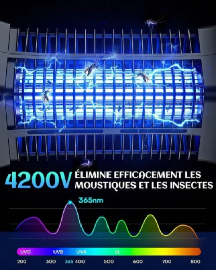 Lampe Anti Moustique Électrique 4200V, Zappeur d'Insectes UV, Tue Mouche Électrique Intérieur et Extérieur, Piège à Moustiques Étanche IPX4 avec Crochet de Suspension pour Jardin, Terrasse Kit câble de 2 M