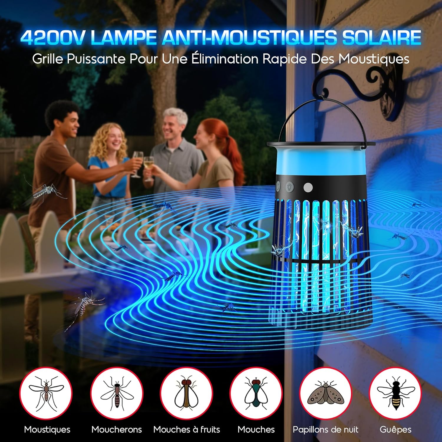 Lampe Anti-Moustiques Solaire d’extérieur, Tue-Moustiques Électrique 4200V, Étanche IPX5, Recharge USB-C et Solaire, Batterie 4000mAh, sans Fil pour Jardin, Terrasse, Balcon et Intérieur