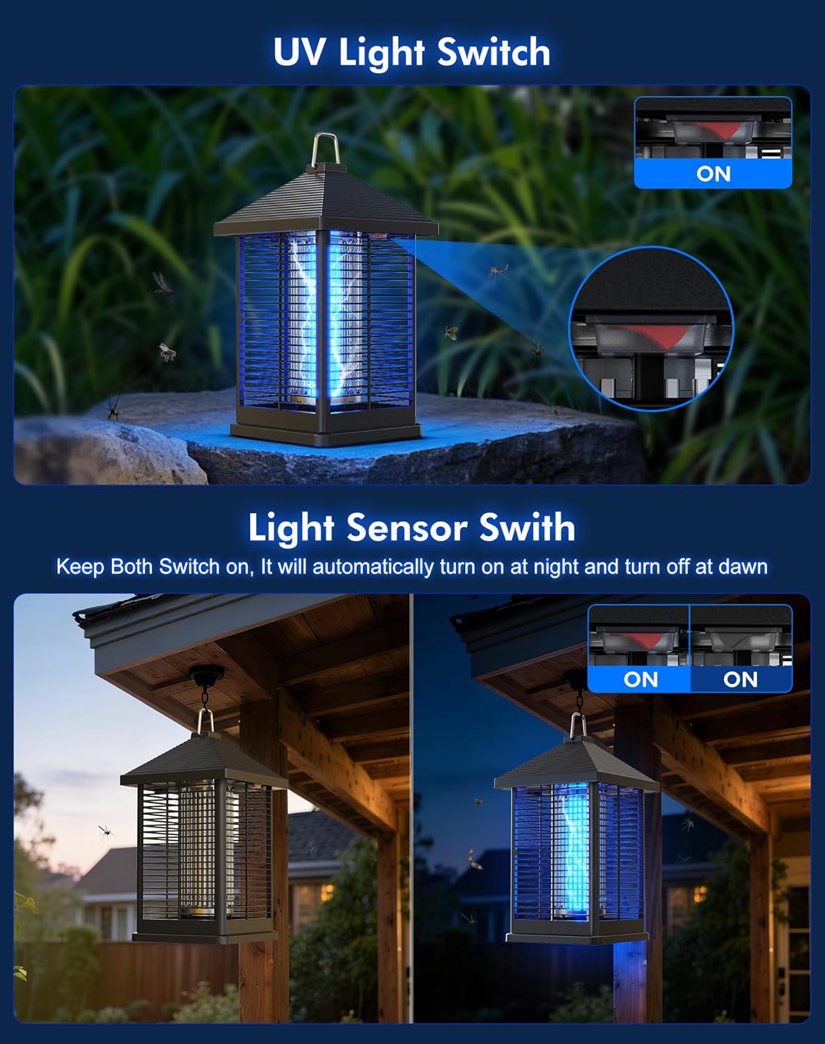 Lampe Anti Moustique 18W, 4000V Smart Auto Piège Électrique Anti-Insectes Volants, 80 ㎡ Couverture IPX4 pour Usage Intérieur & Extérieur, Sûre pour Famille, Terrasse, Jardin Arrière, Camping