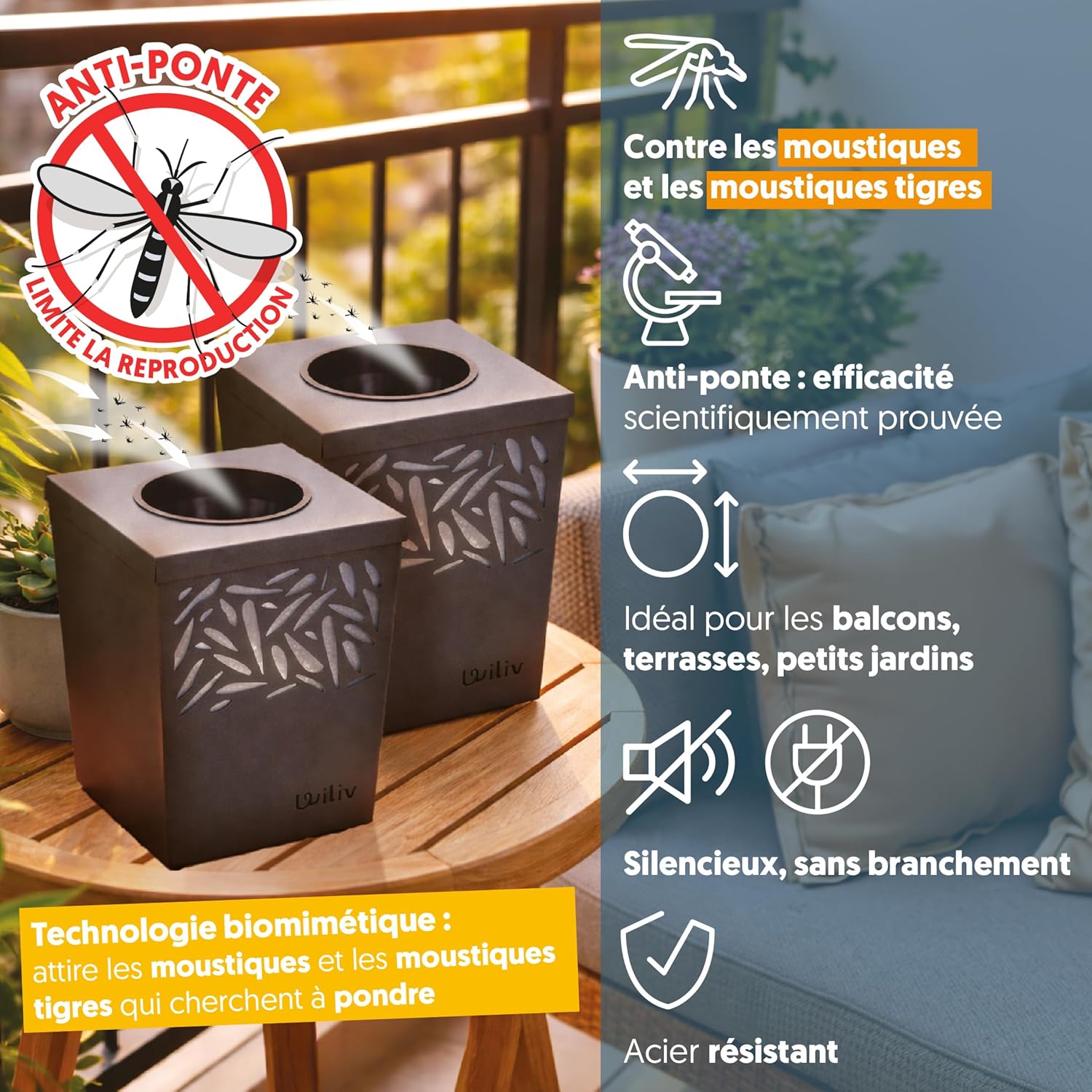 Wiliv x Home Defense Piège à Moustiques & Moustiques Tigres Anti-Ponte - Lot de 2 Pièges Extérieurs - Technologie par Biomimétisme - Idéal Balcon, Terrasse & Petits Espaces