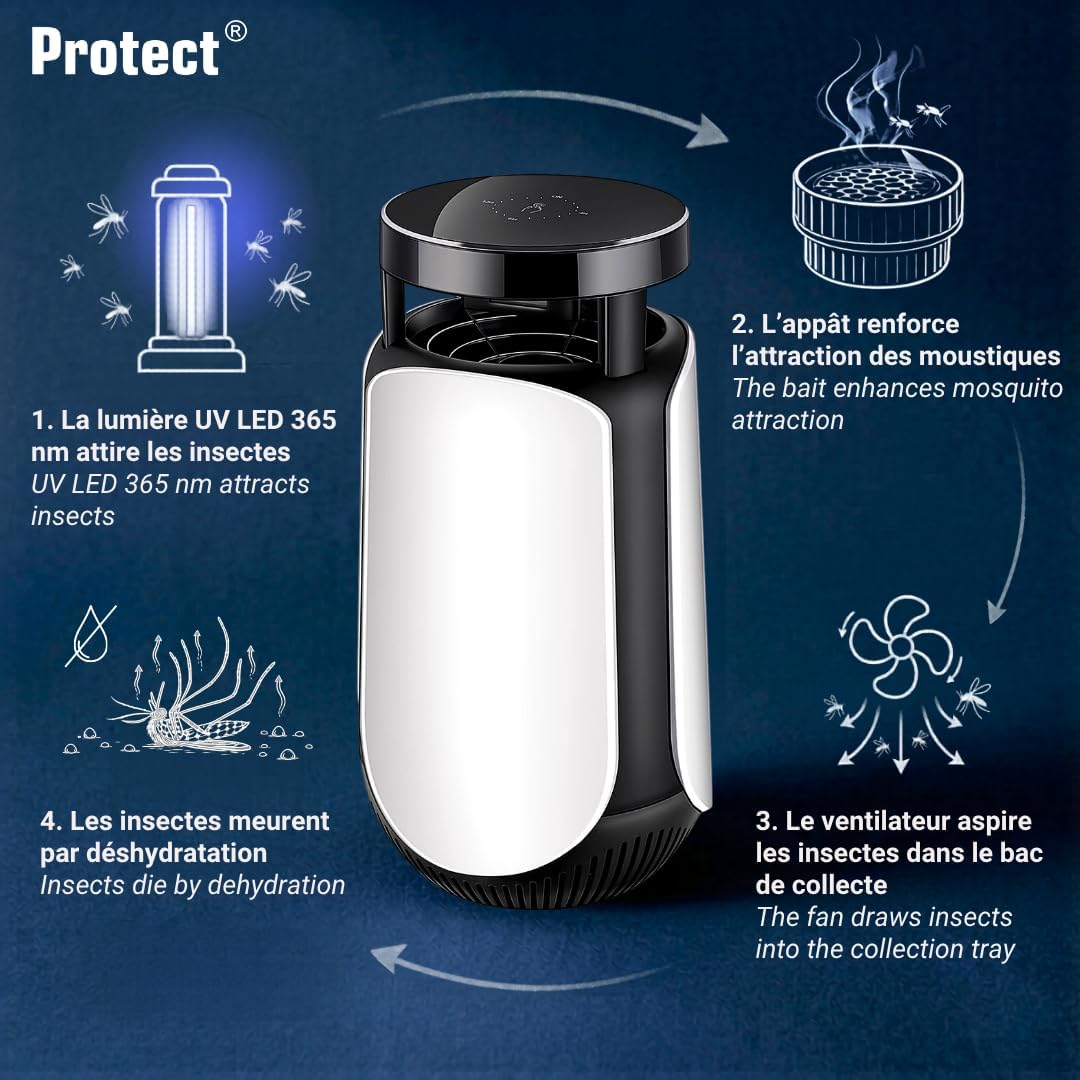 Protect® Piège Anti-Moustiques à Aspiration avec Lampe UV LED 365 nm, Exterminateur d’Insectes Silencieux, Couverture 30 m², Minuterie 4/6/12h, USB-C (2 Appâts Inclus)