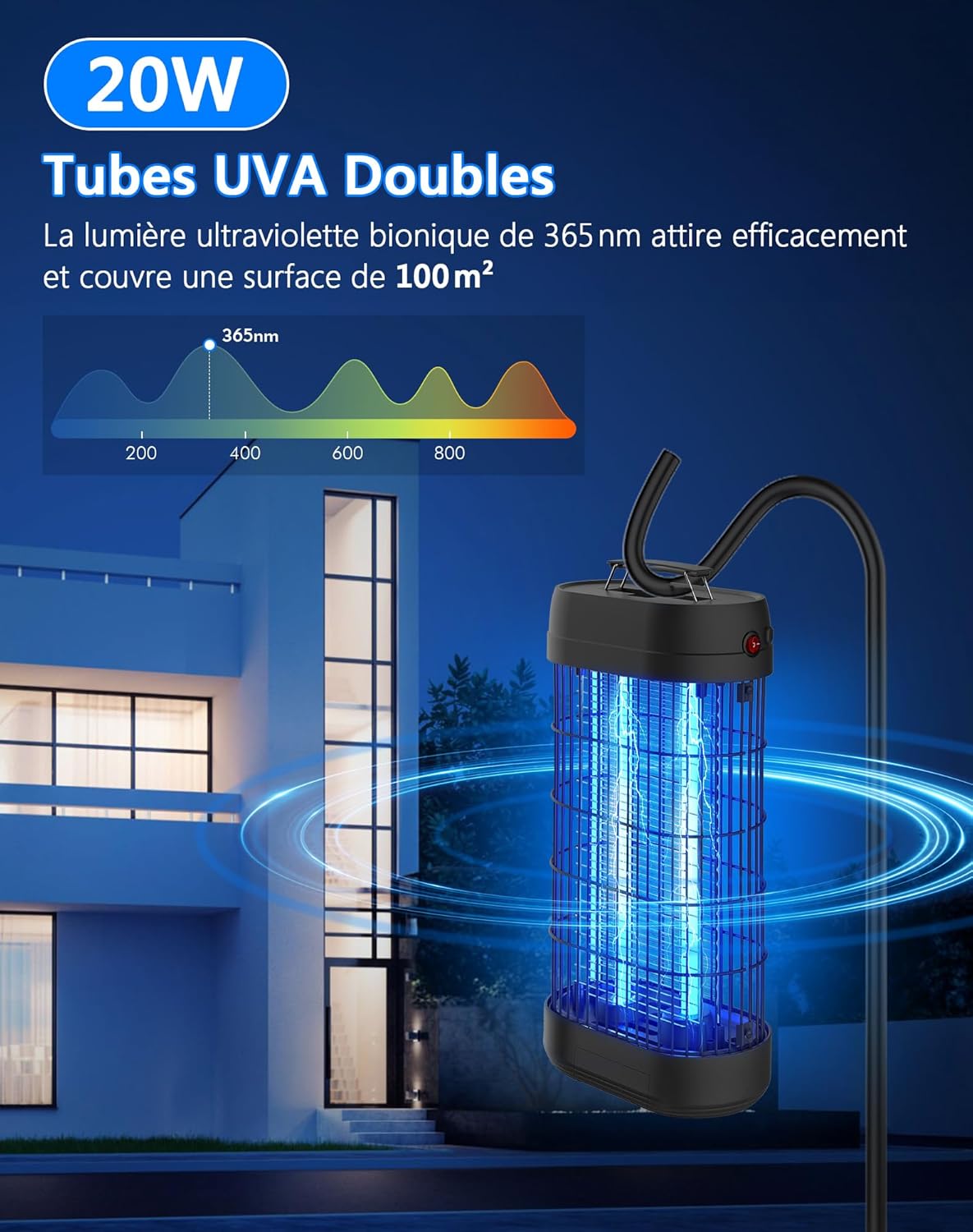 Lampe Anti Moustique, 22W UV Tue Mouche Eléctrique Couvrant 100m², Anti Insectes Moucherons Mites Intérieur Extérieur,Piège à Moustique pour Jardin Terrasse Piscine Chambre Maison Cuisine Noir 41cm