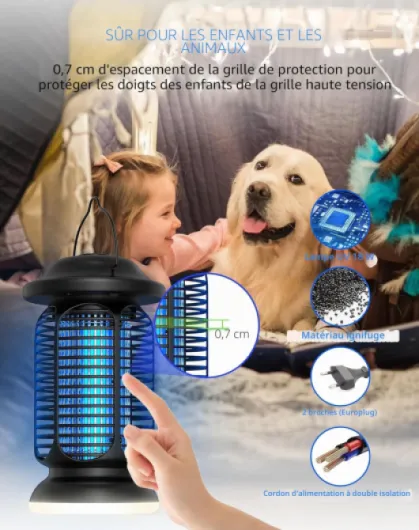 Lampe Anti Moustique 20W, 4000V Piège Mouches Électrique IPX4 Résistant l'eau, Lampe Anti-Moustiques Hautement Efficace pour Intérieur/Extérieur, Conception Grille Améliorée & Éclairage LED Intégré