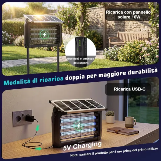Désinsectiseur Électrique Solaire 10W Extérieur - Lampe Anti-Moustiques, Piège à Mouches 4000V avec Lampe UV, Étanche IPX5, Tue-Moustiques pour Cuisine, Maison, Patio, Jardin, Camping