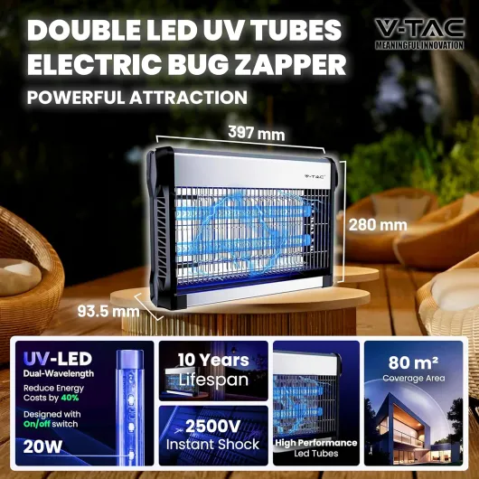 V-TAC Lampe Anti Moustique Électrique 20W avec 80m² de Surface Efficace - Design Slim - Moustiquaire avec Lumière Bleue UV pour Intérieur et Extérieur - Piège Contre Moustiques et Insectes