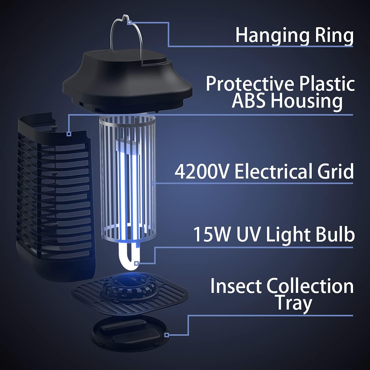 Piège à moustiques électrique d'extérieur avec boîtier en métal étanche, 4200 V 20 W, piège à moustiques pour intérieur, terrasse, Jardin Noir