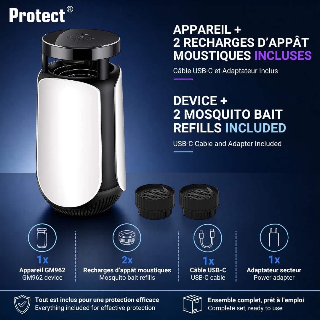 Protect® Piège Anti-Moustiques à Aspiration avec Lampe UV LED 365 nm, Exterminateur d’Insectes Silencieux, Couverture 30 m², Minuterie 4/6/12h, USB-C (4 Appâts Inclus)