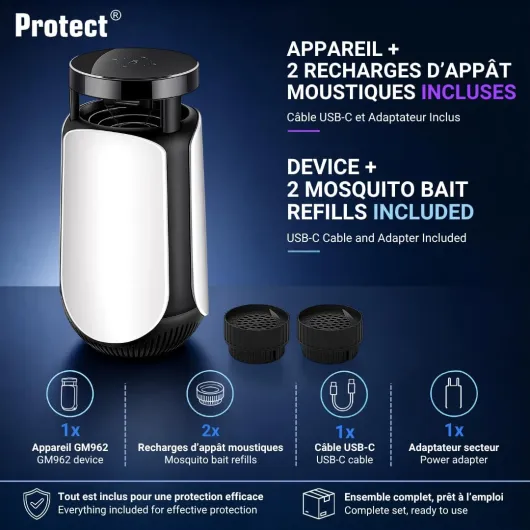 Protect® Piège Anti-Moustiques à Aspiration avec Lampe UV LED 365 nm, Exterminateur d’Insectes Silencieux, Couverture 30 m², Minuterie 4/6/12h, USB-C (4 Appâts Inclus)
