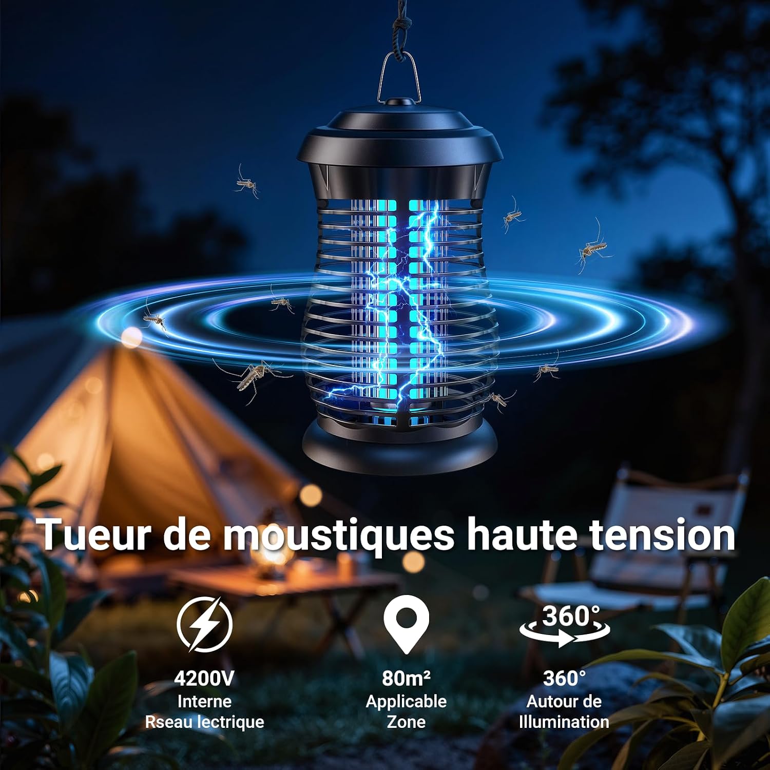 Lampe Anti Moustique Electrique, 4200V 20W UV Tue Mouche Électrique, Appareil Anti Moustique à Lumière Bleue, Anti Insectes Répulsif Étanche IPX6 Efficace Portée 80m² pour Intérieur et Extérieur Noir