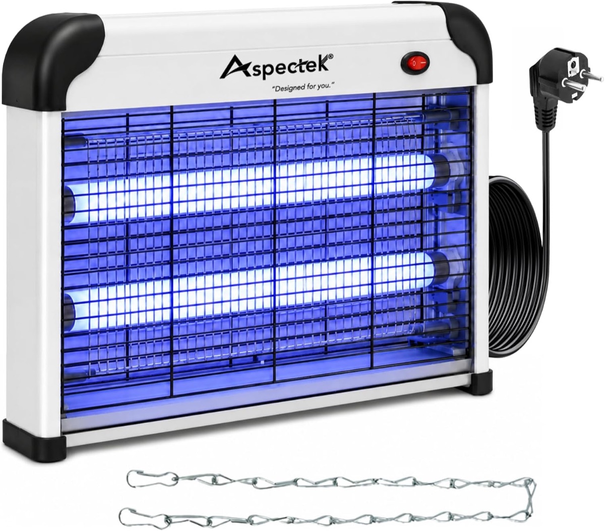 Packshot du tue-insectes Aspectek 20 W avec sa chaîne de suspension et sa prise électrique
