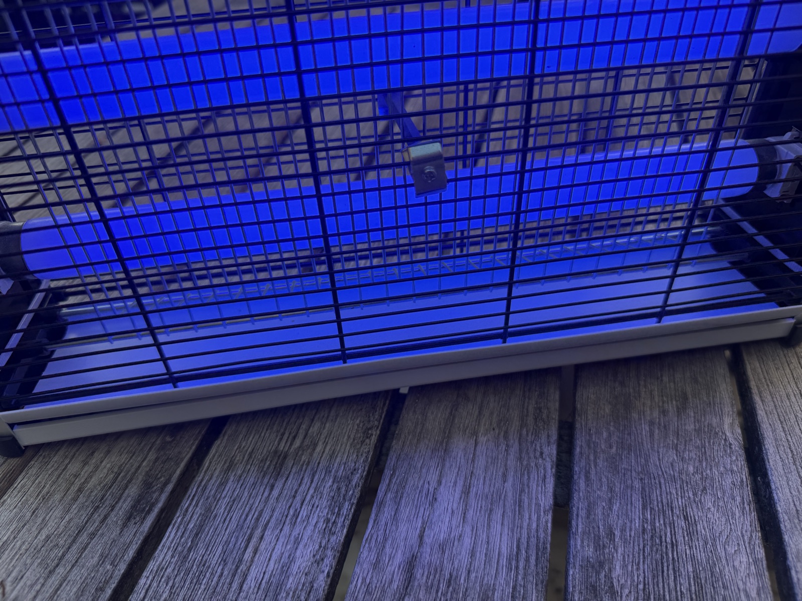 Gros plan de jour sur la grille du tue-insectes Aspectek, ses deux tubes UV allumés et le bac collecteur visible en bas