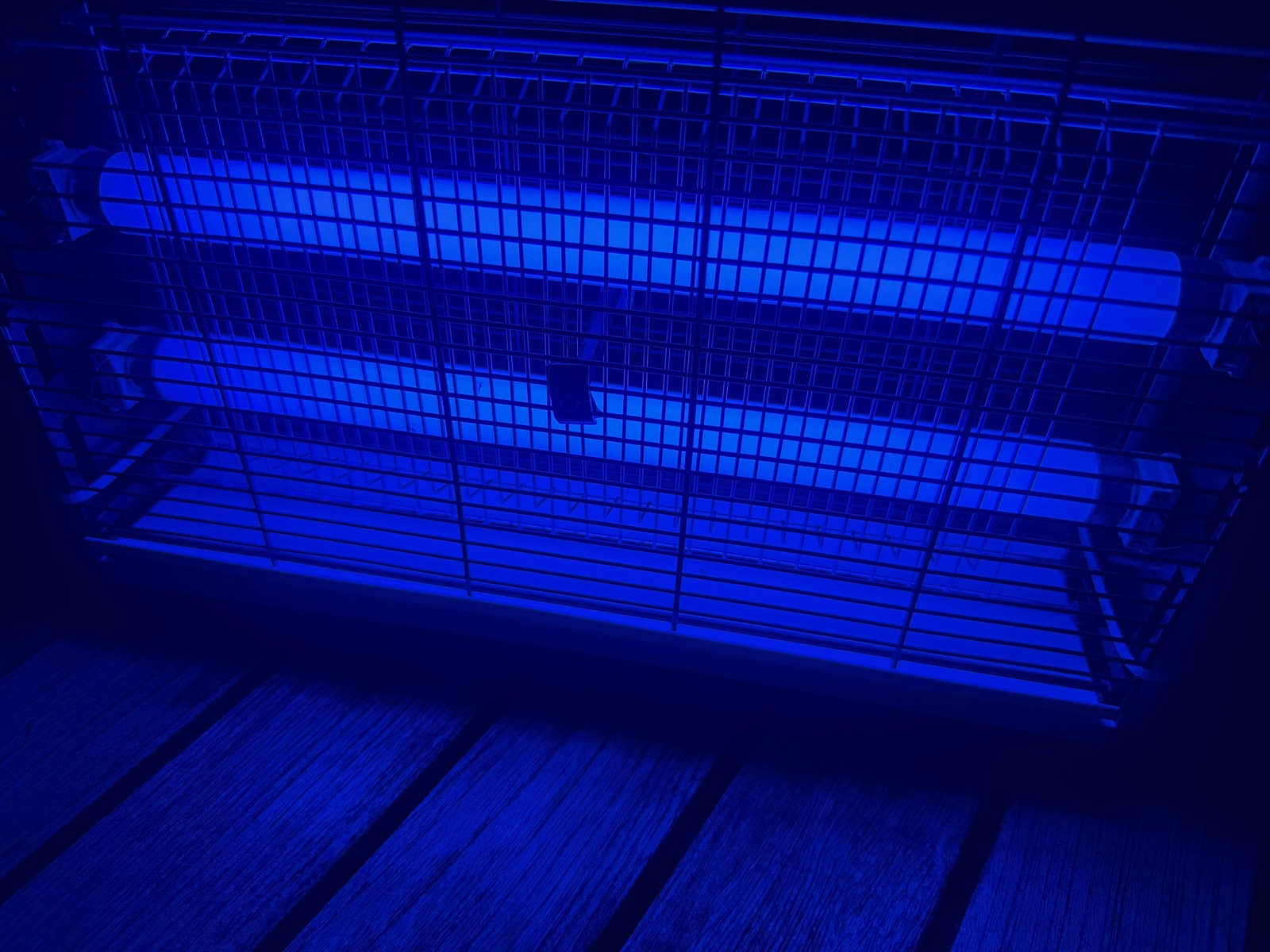Le tue-insectes Aspectek la nuit, tubes UV bleus allumés et grille électrique intérieure en silhouette