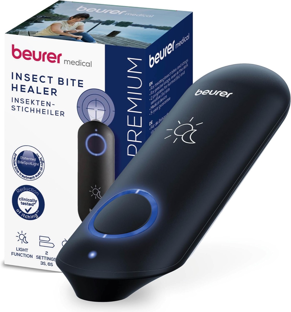 Le Beurer BiteX Day&Night présenté devant sa boîte blanche et verte Insect Bite Healer