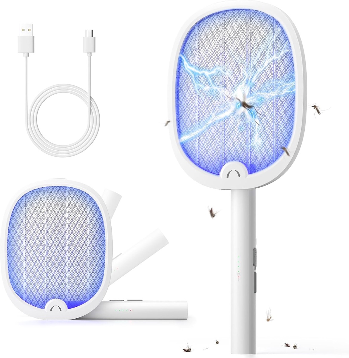 Packshot de la raquette YISSVIC 4000V blanche avec son c&acirc;ble USB-C et la position pli&eacute;e